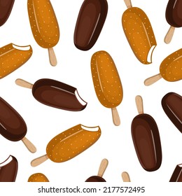 Seamless pattern with popsicle on a stick. Vector illustration of chocolate and milk ice cream sundae for fabrics, textures, wallpapers, posters, cards. Editable elements.