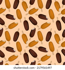 Seamless pattern with popsicle on a stick. Vector illustration of chocolate and milk ice cream sundae for fabrics, textures, wallpapers, posters, cards. Editable elements.