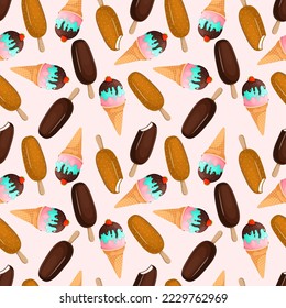 Seamless pattern with popsicle on a stick and ice cream in a strawberry cone. Vector illustration of chocolate and milk ice cream sundae for fabrics, textures, wallpapers, posters, cards.