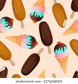 Seamless pattern with popsicle on a stick and ice cream in a strawberry cone. Vector illustration of chocolate and milk ice cream sundae for fabrics, textures, wallpapers, posters, cards.