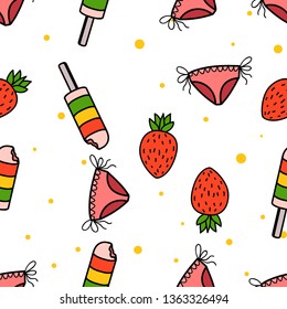 Seamless Pattern of Popsicle, strawberry and bikini hand drawn in cute colorfull doodle vector
