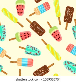Seamless pattern with popsicles with berries and fruits isolated on white background. Top view ice-cream vector illustration eps 10
