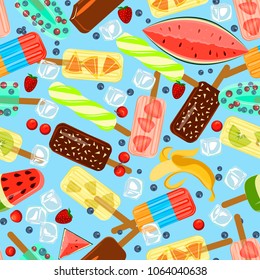 Seamless pattern with popsicles with berries and fruits isolated on white background. Top view ice-cream vector illustration eps 10