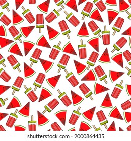Seamless pattern with popsicles and pieces watermelon in cartoon style. Summer fruit ice cream from watermelon. Watermelon day. Vector illustration isolated on white background. Seamless background.