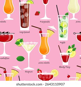 padrão perfeito de coquetéis populares em copos de diferentes formas, cada coquetel é assinado. fundo e papel de parede com bebidas alcoólicas. ilustração vetor de estoque. EPS 10.