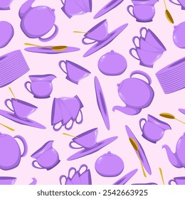 Seamless pattern with porcelain tea set items on light background
