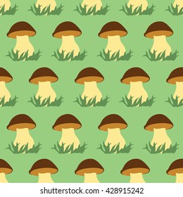 Seamless pattern with porcini on green background. Vector illustration.
