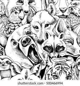 Seamless pattern with portrait of a bear, tiger, wolf, fox, parrot, sloth, eagle, raccoon. Vector black and white illustration.