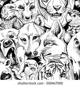 Seamless pattern with portrait of a bear, tiger, wolf, fox, parrot, rabbit, eagle, raccoon. Vector black and white illustration.