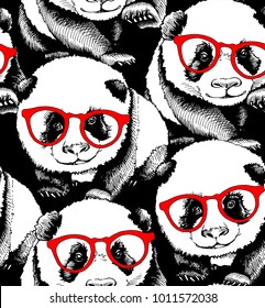 Seamless pattern and portrait black   white little panda in red glasses  Vector illustration 