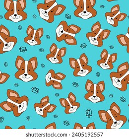 Seamless pattern portrait Cartoon Dog. Products, Pet food, drawing. Paw print. Cute dog muzzle. Corgi breed. Banner, logo. Vector illustration on isolated background.