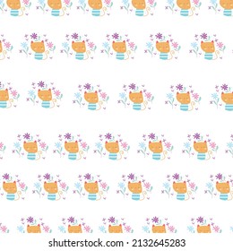 Seamless pattern. Portrait of cute cat with flowers. pattern For valentine,bed sheets, cover bed, baby pajamas, print, packaging, decoration, wallpaper and design