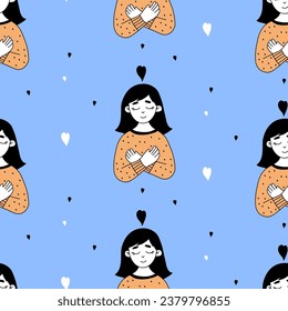 Seamless pattern with portrait of girl hugging herself on blue background. Self-care and love. Vector illustration 
