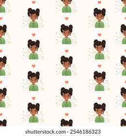 Seamless pattern with portrait happy black girl in dress made from eco-friendly recycled green material on white background with flowers. Vector illustration