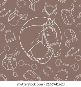 Seamless pattern with a portrait of a horse and different types of horse riding equipment. Hand drawn illustration that can be used for equestrian accessories and printing design