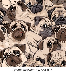 Padrão sem emenda. Retrato de muitos pugs. Composição em sépia Estilo artístico. Humor Composição têxtil, estampa de estilo desenhado à mão. Ilustração vetorial.