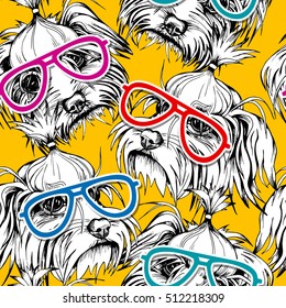 Seamless pattern with Portrait of the White Puppy Maltese in a color glasses on a yellow background. Vector illustration.