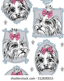 Seamless pattern with Portrait of the White Puppy Maltese with pink bow in a frame. Vector illustration.