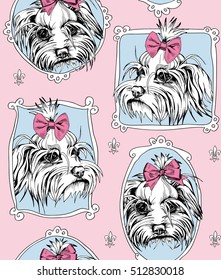 Seamless pattern with Portrait of the White Puppy Maltese with bow in a frame on a pink background. Vector illustration.