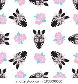 Seamless pattern. Portrait of a zebra with pink glasses on a white background. Vector illustration.