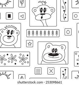 Seamless pattern with portraits of cartoon funny bears