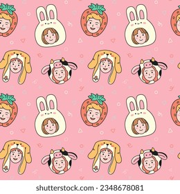 Seamless pattern with portraits of cartoon people in funny hats.