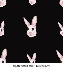 Seamless pattern of portraits of Easter bunnies on a black background
