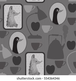 Seamless pattern with portraits of fox and goose, lamp, cup, apple. Fashion background.