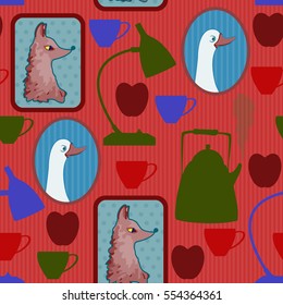 Seamless pattern with portraits of fox and goose, lamp, cup, apple. Fashion background.