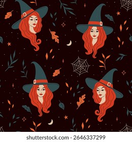 Seamless pattern with portraits of girls in witch hats. Vector graphics.