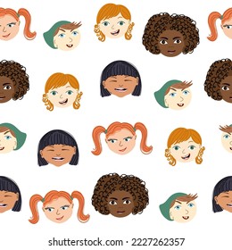 Seamless pattern with portraits of multiracial kids. Cute background with children faces. Flat style vector illustration.