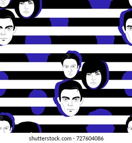 Seamless pattern of portraits on a striped background. Vector illustration.