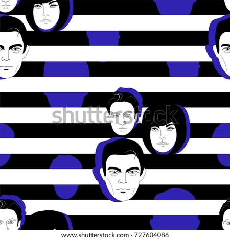 Seamless pattern of portraits on a striped background. Vector illustration.