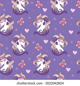Patrón sin foco con retratos de unicornios, corazones y estrellas sobre fondo morado. Ilustración vectorial para fiestas, imprenta, ducha de bebé, papel pintado, diseño, decoración, platos, ropa de cama y prendas para niños