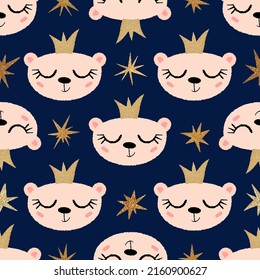 Seamless pattern with portraits of white bear cub in golden crown with closed eyes and smile on background of the night sky with sparkling stars. Vector illustration. Cartoon flat style, textured line