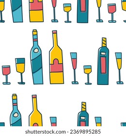 Seamless pattern with portraits and wine. Abstract background at the wine party. Trendy backdrop print for bar or menu. Vector.