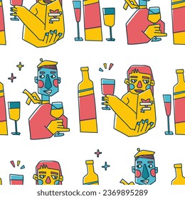 Patrón sin foco con retratos y vino. Resumen de los antecedentes en la fiesta del vino. Impresión de fondo a la moda para el bar o el menú. Vector.
