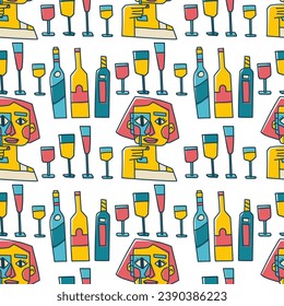 Seamless pattern with portraits and wine. Abstract background at the wine party. Trendy backdrop print for bar or menu. Vector.