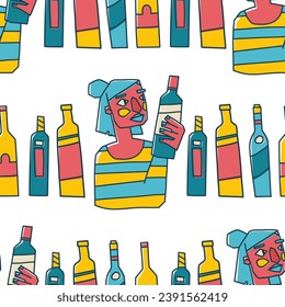 Patrón sin foco con retratos y vino. Resumen de los antecedentes en la fiesta del vino. Impresión de fondo a la moda para el bar o el menú. Vector.