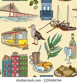 Seamless pattern with Portugal set, Porto and Lisbon landmarks. Vector illustration