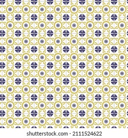 Nahtlose Muster im portugiesischen Stil, gelb und blau. Azulejos Vektor, Modedesign-Fliesen. Ziertextiler Hintergrund