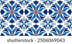 Seamless pattern of Portugues Lisbon azulejo texture ornament in red - blue tones