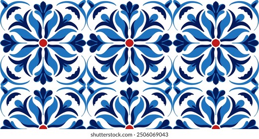 Seamless pattern of Portugues Lisbon azulejo texture ornament in red - blue tones