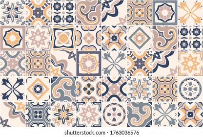 Seamless pattern with Portuguese abstract, hand-drawn tiles. Vector illustration of Azulejo. Multicolor design.