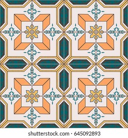 Seamless pattern with Portuguese tiles. Realistic vector illustration of Azulejo. Mediterranean style. Green and peach colors.