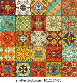 Seamless pattern with portuguese tiles in talavera style. Azulejo, moroccan, mexican ornaments