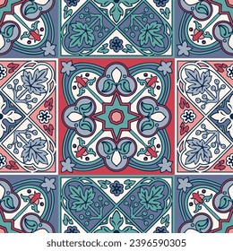 Seamless pattern with Portuguese tiles in Talavera style. Azulejo, moroccan, Mexican ornaments