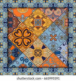 Seamless pattern with portuguese tiles in talavera style. Azulejo, moroccan, mexican ornaments