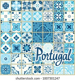 Seamless pattern with Portuguese tiles. Vector illustration of Azulejo on white background. Mediterranean style. Multicolor design.