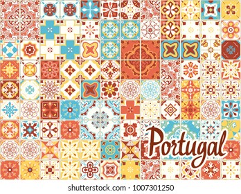 Seamless pattern with Portuguese tiles. Vector illustration of Azulejo on white background. Mediterranean style. Multicolor design.